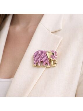 Pink Rhinestone Elephant Brooch Gold Tone Sparkly Statement Pin